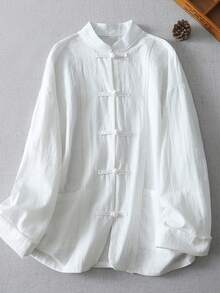 LUCIDVUE 1pc Unisex Chinese Style Mandarin Collar Shirt, Reversible Sleeves, Spring/Autumn Casual Linen Shirt, Improved Hanfu, Loose Fit, Suitable For Tea Ceremony, Daily & Holiday Wear White - White - View 11