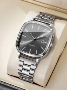 男士礼品手表1件装，经典时尚方形表盘日历显示，简约休闲时尚石英腕表，不含表盒 - 銀色 - 查看 8