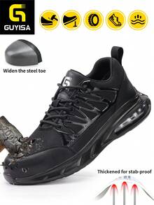GUYISA Steel Toe Safety Shoes, Anti-Smash & Anti-Puncture, Fashionable Breathable Black Patchwork Design, Lightweight Air Cushion Soft Sole, Functional Shoes For Men,