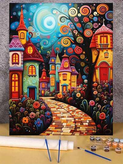 DIY Paint By Numbers Kit For Adults, 16x20 Inch Fairy Tale Castle Acrylic Painting Set, Easy Home Wall Decor Art Craft, Ideal Gift For Birthdays, Father's Day, Christmas, Mother's Day, Canvas Material Without Frame