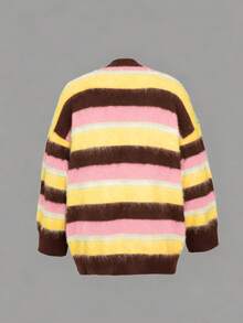 2025秋冬新款时尚小众圆领撞色条纹休闲长袖女式毛衣，羊毛材质 - 淺粉色 - 查看 8