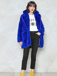 FHILLINUO Manteau en fausse fourrure bleu royal pour femmes, manches longues, col châle, longueur cuisse, avec poches, tissu non extensible, chaud pour l'hiver, convient pour Noël, le Nouvel An et d'autres occasions - bleu indigo - Voir 4