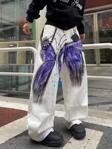 1件美式街头风男士手绘阔腿牛仔裤，宽松百搭休闲牛仔裤（不含腰带和配饰） - 白色 - 查看 4