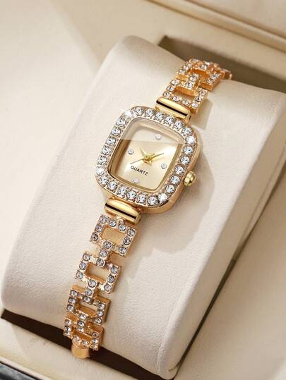 1件女士方形水钻表盘经典石英手链腕表，优雅礼物