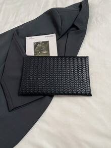 1个PU皮革纯色编织纹理女士日常信封式手拿包，简约优雅，节日礼物 - 黑色 - 查看 6