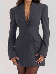 Women's Fashionable Black Long Sleeve Short Jacket, Pointed Collar, Front Button Details And Practical Pockets, Button V-Neck Pocket Long Sleeve Mini Dress Blazer