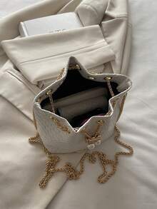 Mini New Fashion Straw Woven Gold Chain Drawstring Bucket Bag Beach Bag - White - View 8