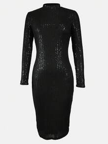 Elegant Black Sequin Midi Dress For Women Stand CollarLong Sleeve Backless PencilHem Party Cocktail Attire, Black Sequin High-Neck Long-Sleeve, Bodycon Midi DressAutumn/Winter Christmas Party Luxury Gown - Black - View 1