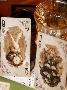 1PC Retro Alice Theme Playing Cards - Exquisite Double-Sided Anti-Slip Embossing, Four-Layer Die-Casting, Perfect For Family Gatherings And Party Games. Elegant Rabbit And Geometric Designs, Family Game Night. Geometric Card Patterns