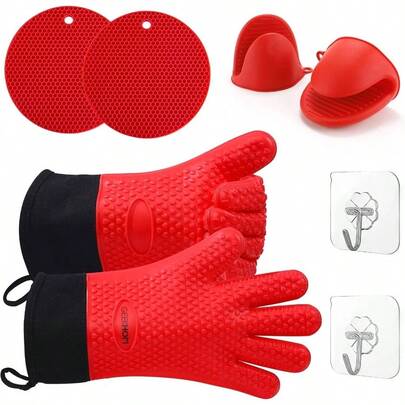 Silicone Oven Gloves Set, Heat Resistant Oven Mitts And Pot Holders With Sticky Hook Waterproof Non - Slip Kitchen Gloves With Fingers Cooking Baking Barbecue Grilling Microwave, Red
