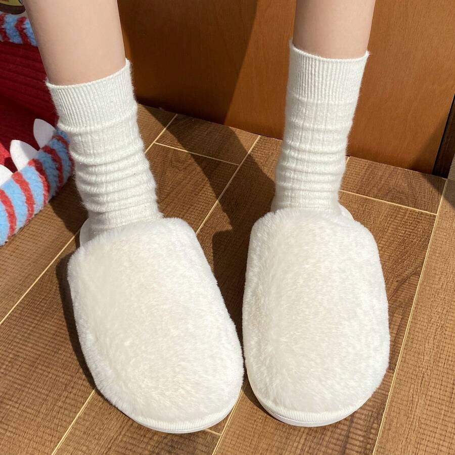 Papuci de pluș albi noi pentru toamnă/iarnă, papuci calzi și confortabili, papuci de interior, papuci pufoși - alb - Vizualizare 1