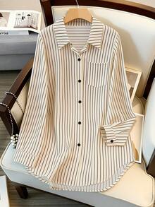 Women's Long Sleeve Single-Breasted Casual Loose Striped Long Shirt Spring - Apricot - View 3