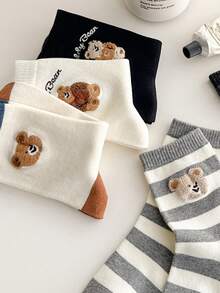 2/5双装女士黑白灰拼接袜，双层植绒泰迪熊条纹拼接设计，透气针织面料，休闲百搭可爱中筒袜，适合春夏情侣穿着，居家、通勤、约会、上学、节日送礼皆宜。 - 彩色 - 查看 9