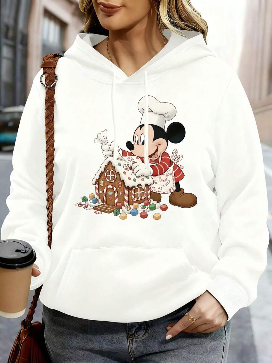 Disney Hoodie White Mickey Mouse Chef Gingerbread House Print Casual Winter Outfit - 白色 - 查看 1