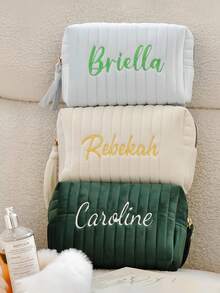 Personalized Embroidered Velvet Makeup Bag, Letter Embroidered Travel Toiletries Bag, Bridesmaid Gift, Ladies Embroidered Velvet Storage Bag - Multicolor - View 3