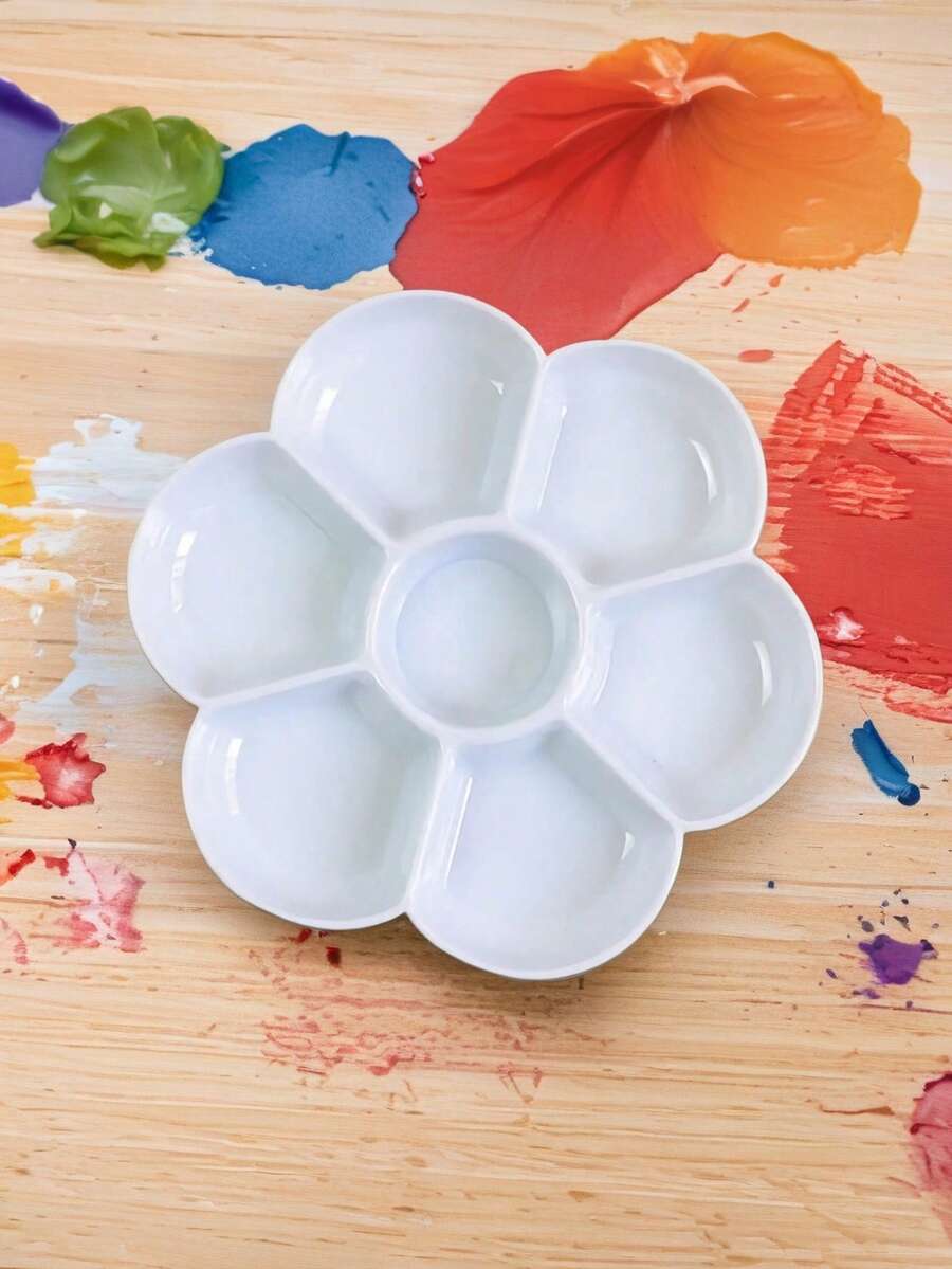 1 pezzo Tavolozza in ceramica spessa con 7 fori. Materiale più spesso, fori più profondi, nessuna perdita di vernice, strumento di miscelazione a forma di fiore di pruno.
