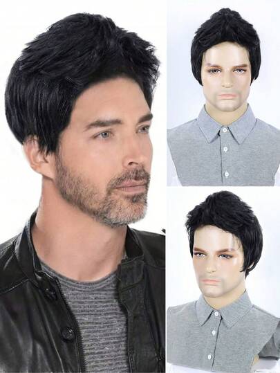 Parrucca corta dritta da uomo, fluffy e realistica, capelli sintetici naturali, alta densità al 150% in fibra resistente al calore, 100% traspirante con cuffia in rete rosa, adatta per uso quotidiano e feste, con possibilità di acconciatura libera