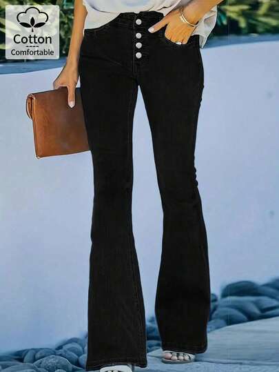 Women's Sexy Fitted Casual Black Denim Flared Pants, Elegant Stretch Slimming Bell Bottom Jeans For Fall Winter