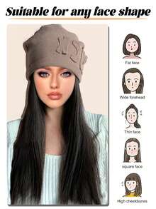 女士假发和帽子一体式设计，16英寸长直发合成假发，保暖柔软，适合秋冬季节佩戴。