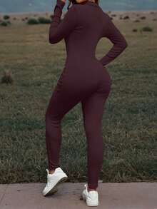 Mystra 女士休闲撞色罗纹拉链连体裤 - 中紫紅色 - 查看 3