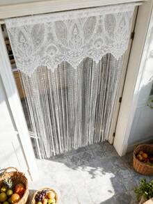 1pc White Lace Curtain With Long Tassels, Floral Embroidery Pattern, Princess Style, Sheer Short Cafe Curtain, Suitable For Kitchen, Bathroom, Bedroom Doorway, Rod Pocket Top - White - View 3
