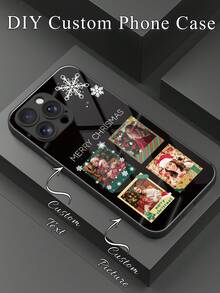1pc Customized Phone Case With 4 Christmas Family Portrait Photos, Creative Couple & Pet Design, Compatible With Samsung S24 Ultra/S25 Ultra And Apple 17 ProMax/16 ProMax/15 Pro/14 Plus/13 Pro/12 Pro Max/11/Xs Max/8/7/6 Plus, Best Gift For Boyfriend/Girlfriend - Black - View 1