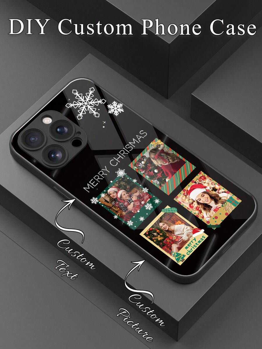1pc Customized Phone Case With 4 Christmas Family Portrait Photos, Creative Couple & Pet Design, Compatible With Samsung S24 Ultra/S25 Ultra And Apple 17 ProMax/16 ProMax/15 Pro/14 Plus/13 Pro/12 Pro Max/11/Xs Max/8/7/6 Plus, Best Gift For Boyfriend/Girlfriend - Black - View 1