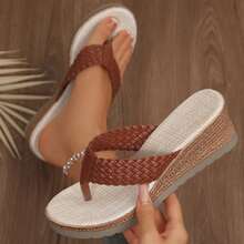 Women Platform Sandals Braided Thong Flats Sandals Lightweight Summer Beach Vacation Outdoor Travel Walking Wedges Heels - 棕色 - 查看 1