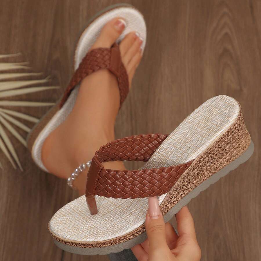 Women Platform Sandals Braided Thong Flats Sandals Lightweight Summer Beach Vacation Outdoor Travel Walking Wedges Heels - 棕色 - 查看 1