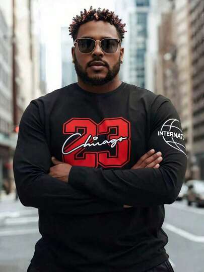 男士加大码长袖T恤 - 时尚运动服，数码印花圆领长袖T恤，适合休闲外出，轻薄透气，面料轻薄，适合送礼。