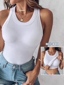 ChicMe Áo hai dây nữ gân sọc có đệm ngực tích hợp, cổ tròn, không tay, dáng ôm, thích hợp mặc đi làm, dự tiệc hoặc dạo phố hàng ngày. - trắng - Xem 4