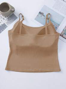 1pc Women's Solid Color Ribbed Camisole With Padded Bust, Casual Cropped Tank Top
