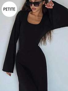 Women Casual Round Neck Bodycon Long Flare Sleeves Back Tie Elegant Daily Street Fall Winter Long Dress - Black - View 3