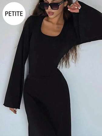 Women Casual Round Neck Bodycon Long Flare Sleeves Back Tie Elegant Daily Street Fall Winter Long Dress