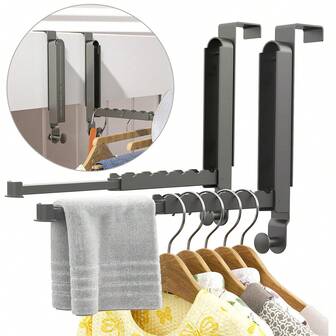 门后晾衣架，可折叠便携式门后挂钩衣架，带毛巾架，适用于晾晒外套、衣物、洗衣用品、浴室、卧室、旅行衣物（黑色、白色）