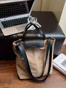 1 Pc, Contrast Color Suede Texture Women's Shoulder Handbag, Retro Casual Large Capacity Handbag, Magnetic Buckle Zipper Closure, Suitable For Travel, Shopping