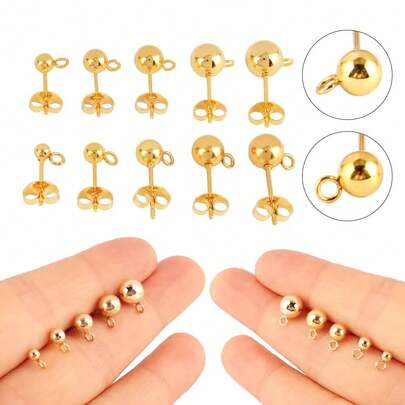 20pcs Gold Stainless Steel Ball Stud Earrings, Size 3/4/5/6/7mm, With Connector Rings, Suitable For DIY Earring Jewelry Making Materials And Accessories
