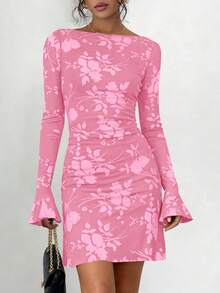 PRETTYGARDEN Women's Spring And Fall Fashion Floral Long Sleeve Mini Dress Mesh Bodycon Short Party Date Night Going Out Dresses Dhristmas New Years Valentine Vacation Dresses For Women - 粉色 - 查看 3