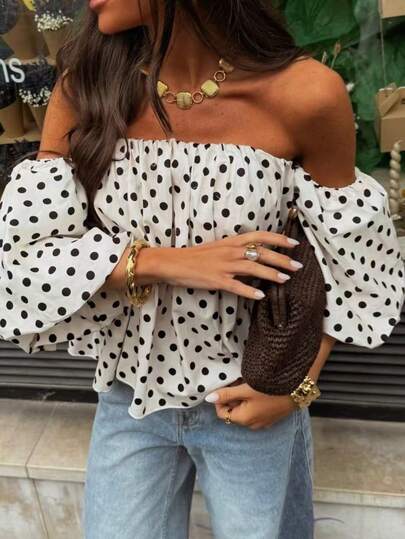 女士休闲复古高端森系宽松露肩圆点撞色衬衫，适合居家日常穿着