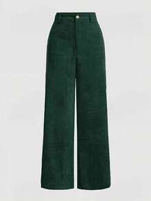 Women's Elegant Solid Color Corduroy Wide Leg Pants, Casual Versatile Trousers, Suitable For Work Attire Or Daily Outings, Essential For Spring/Autumn/Winter Outings And Dates, With Green Pockets, Zipper And Buttons