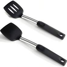 2 Pack Solid Slotted Silicone Spatula Set 600F Heat-Resistant No-Melt Handle And Blade Kitchen Cooking Utensils For Nonstick Cookware Spatula Turner For Egg Pancake Burger- Dishwasher - 黑色 - 查看 2