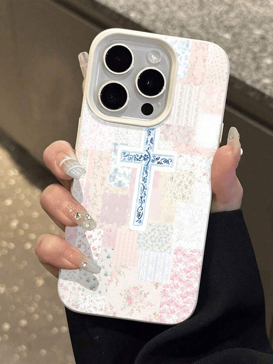 Funda para teléfono con diseño de cruz floral. Compatible con teléfonos , 17, 16 Pro Max, 15 Pro Max, 13 y 12. Fabricada en TPU con textura de cuero, ofrece protección contra golpes y caídas. Un regalo ideal para familiares, amigos, ocasiones religiosas y celebraciones. - Blanco - Ver 1
