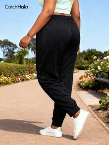 Plus Size Women Loose Drawstring Waist Pockets Sports Pants, Pure Black, Casual Sporty Style (2025 Autumn/Winter Yoga & Fitness Leggings) - Black - View 9