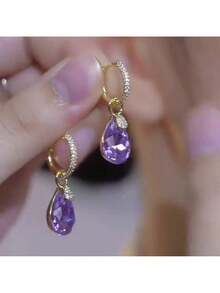 Korean Style Ultra Shiny Geometric Square Crystal Inlaid Diamond Earrings Elegant Fashionable Light Luxury High-End Exquisite Ear Jewelry - N2091A1 [Water Drop] Purple - View 2