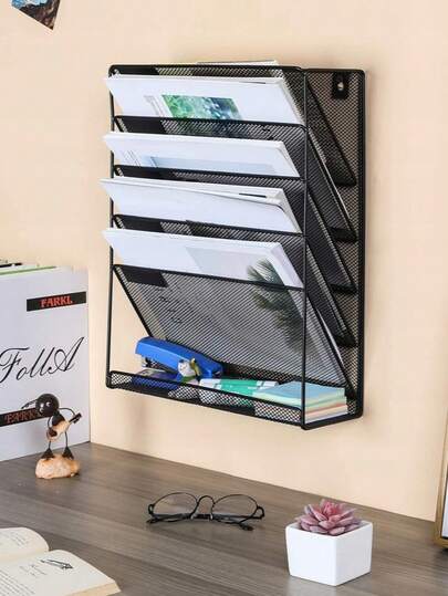 Étagère murale métallique à cinq niveaux pour dossiers/rangement de journaux et magazines, fournitures de bureau, serre-livres et porte-documents.