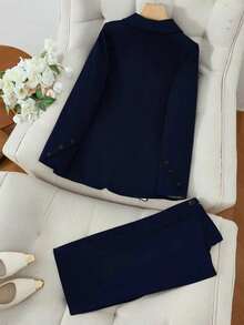 Solid Color Single Button Long Sleeve Single-Breasted Waistcoat Suit Pants Two-Piece Set - Xanh đậm - Xem 2