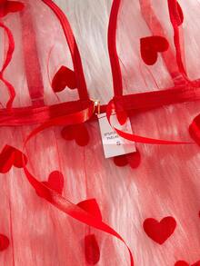 2pcs Women's Sexy Floral Mesh Robe Set, Front Tie Bow Decor Lingerie Set - Red - View 6