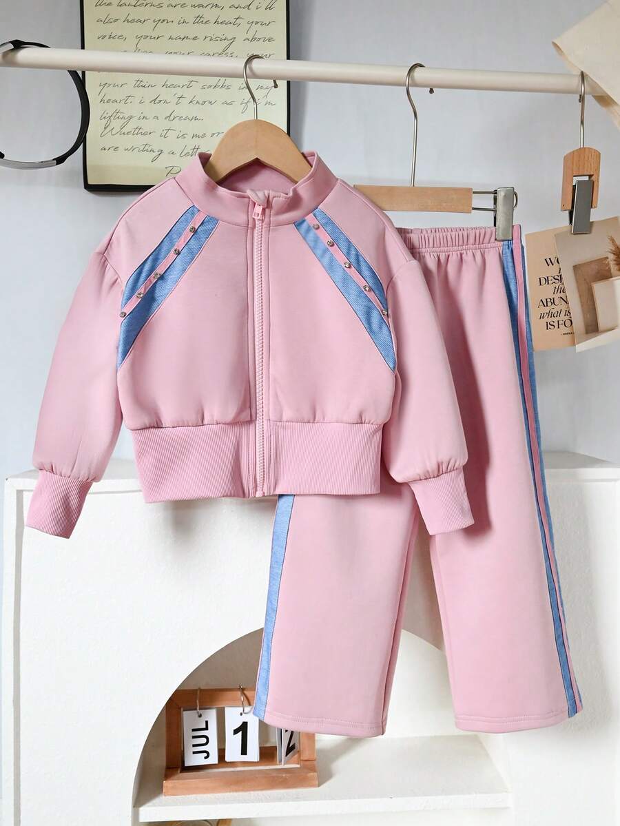 2 قطعة / مجموعة، بلوزة حريمي كاجوال من نوع الهود الأنيقة والمزينة بألوان متباينة + بنطال مزين بألوان متباينة، بدلة رياضية وكاجوال للبنات مناسبة للأنشطة الخارجية والاستخدام اليومي - وردي - مشاهدة 1