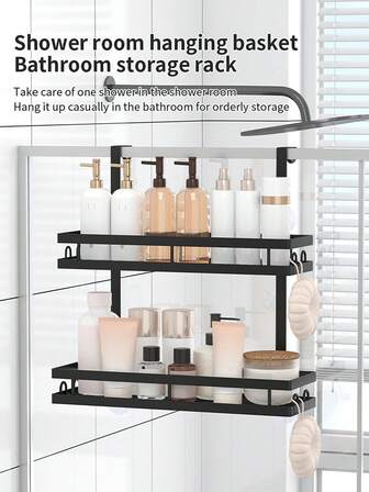 1个节省空间的门后式淋浴置物架，双层浴室淋浴架，快速排水设计，无需钻孔，适合收纳浴室用品，浴室置物架