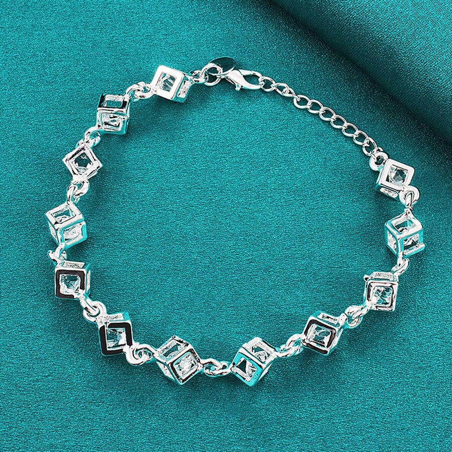 925 Silver Plated Square Zirconia Chain Bracelet For Women Men Wedding Party Fashion Jewelry - Silver - View 1